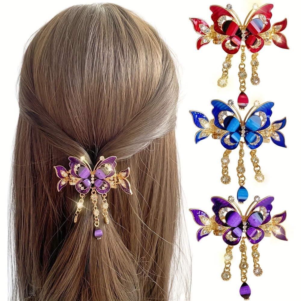 3pcs Butterfly Tassel Rhinestone Hair Clip Vintage Boho Ponytail Tie Headband, Rhinestone Backcombing Sparkling Rhinestone Hair Accessory Elegant Hairpin