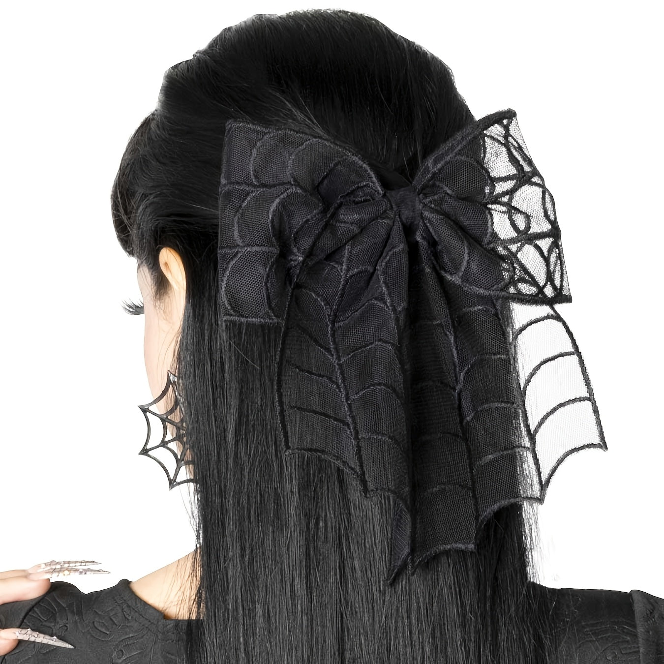 1pc Gothic Punk Spider Web Bow Hair Clip - Women'S Black Lace Halloween Hair Accessory, Vintage Everyday Hairpin with Intricate Design, Durable Hair Accessory, Perfect Halloween Gift, Halloween Hair Accessories, Themed Event Accessory, Punk Style Hairpin,