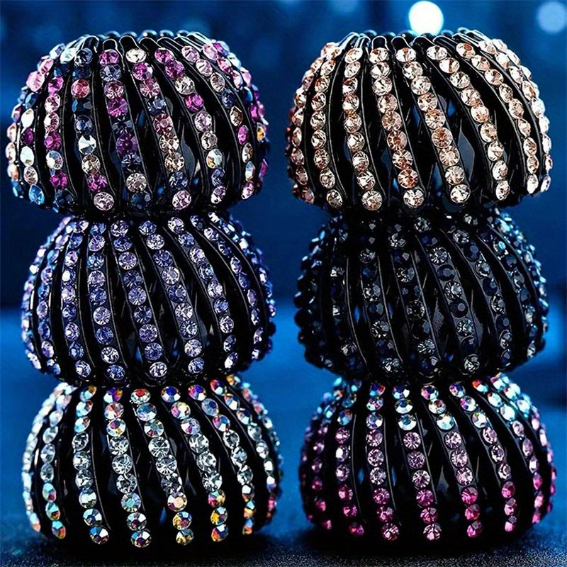 2pcs/set Random Color Rhinestone Bird'S Nest Hair Clip Bun Hairpin Women'S Rhinestone Bun Ponytail Clip Hairpin Hair Accessories