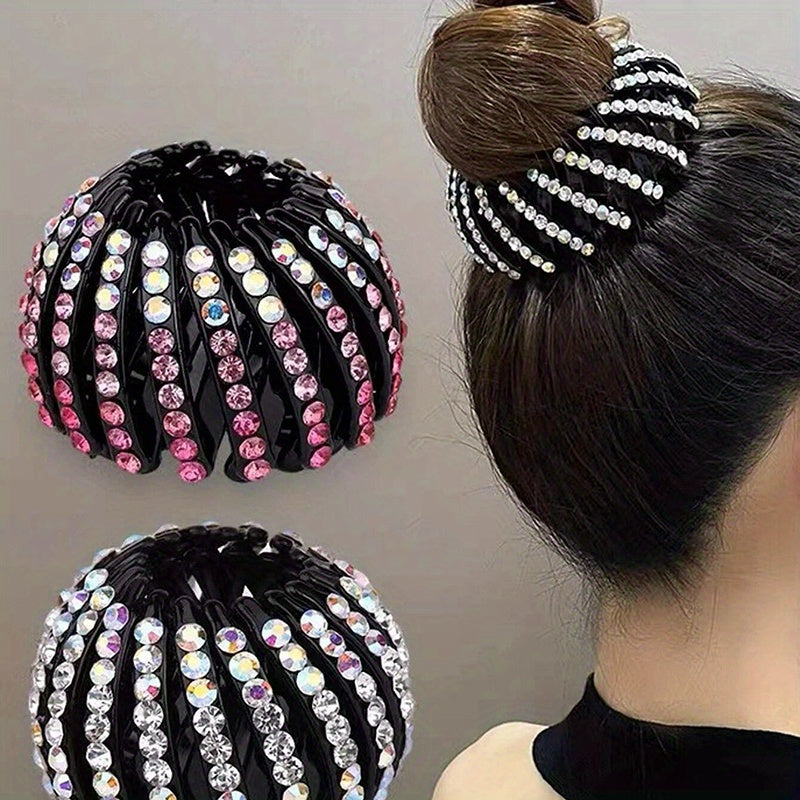 2pcs/set Random Color Rhinestone Bird'S Nest Hair Clip Bun Hairpin Women'S Rhinestone Bun Ponytail Clip Hairpin Hair Accessories