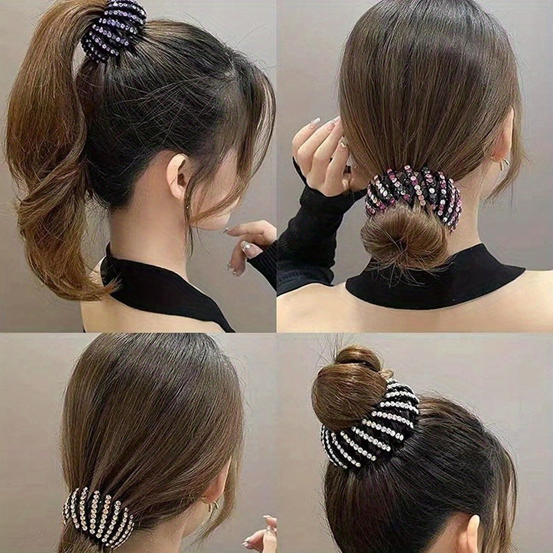 2pcs/set Random Color Rhinestone Bird'S Nest Hair Clip Bun Hairpin Women'S Rhinestone Bun Ponytail Clip Hairpin Hair Accessories