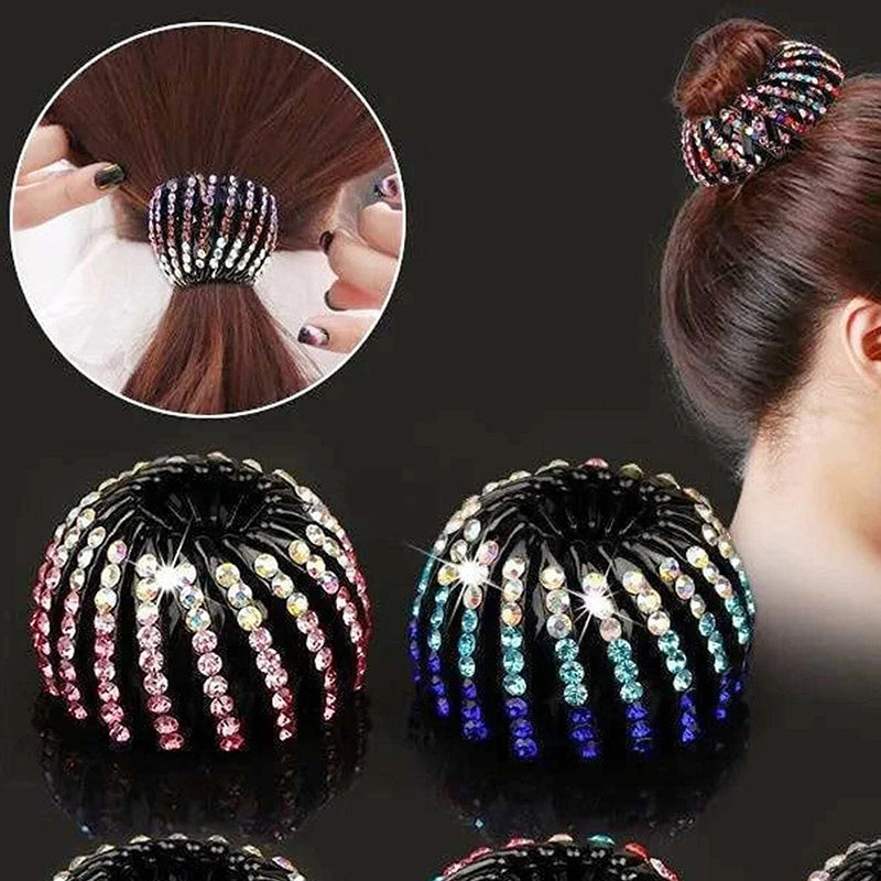 2pcs/set Random Color Rhinestone Bird'S Nest Hair Clip Bun Hairpin Women'S Rhinestone Bun Ponytail Clip Hairpin Hair Accessories