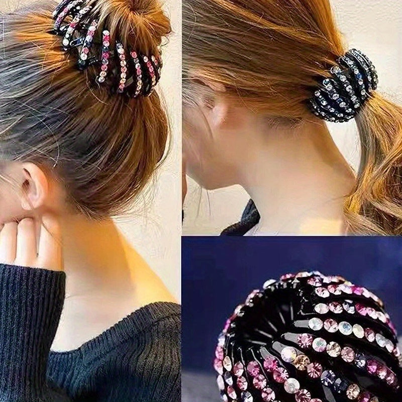 2pcs/set Random Color Rhinestone Bird'S Nest Hair Clip Bun Hairpin Women'S Rhinestone Bun Ponytail Clip Hairpin Hair Accessories