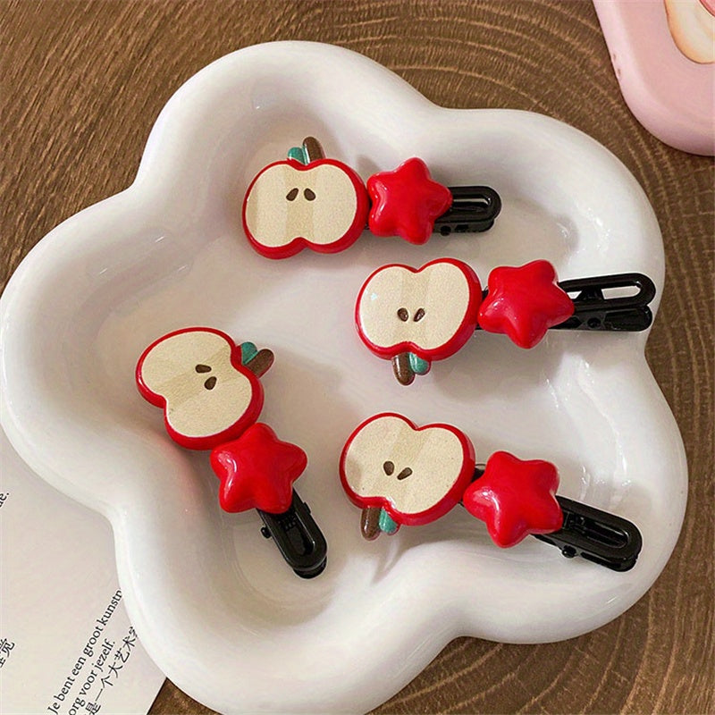 [4/10pcs Cute Hair Clip] 4/10pcs Sweet and Cute Hair Clip | Apple Pentagram Stars Hair Accessories, Side Bang Duckbill Hairpin, Woman Headdress