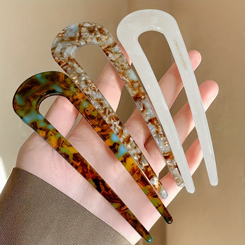 3pcs, Vintage Style Women's Retro Acetate Fiber U-Shaped Hair Fork Pins Barrettes For Normal & Curly Hair - 5 Colors