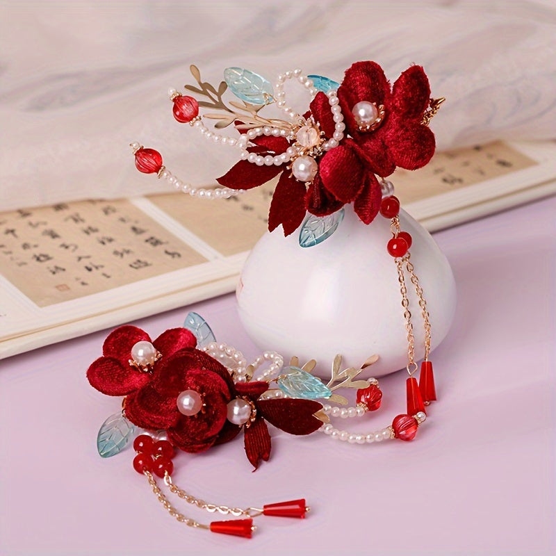 Vintage Red Velvet Flowers Beaded Hairpins - Exquisite Tassel Chinese Style Hair Clips for Women's Daily Use Hair Styling Accessories