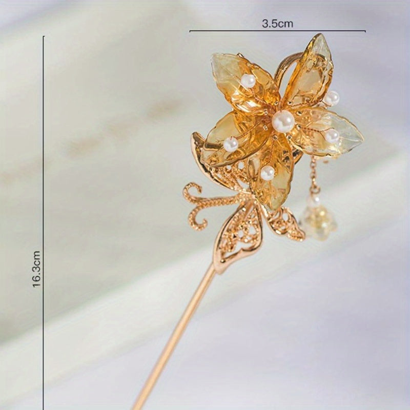 1pc Handmade Resin Golden Autumn Leaves Hairpin - Hanfu Style Retro Flower Hair Clip with 4-Section Leaf Design, -like Beads & Delicate Branches for Women's Long Hair Accessories, Vintage Hairpin for Cosplay, Weddings, Themed Events (Durable & Elegant),