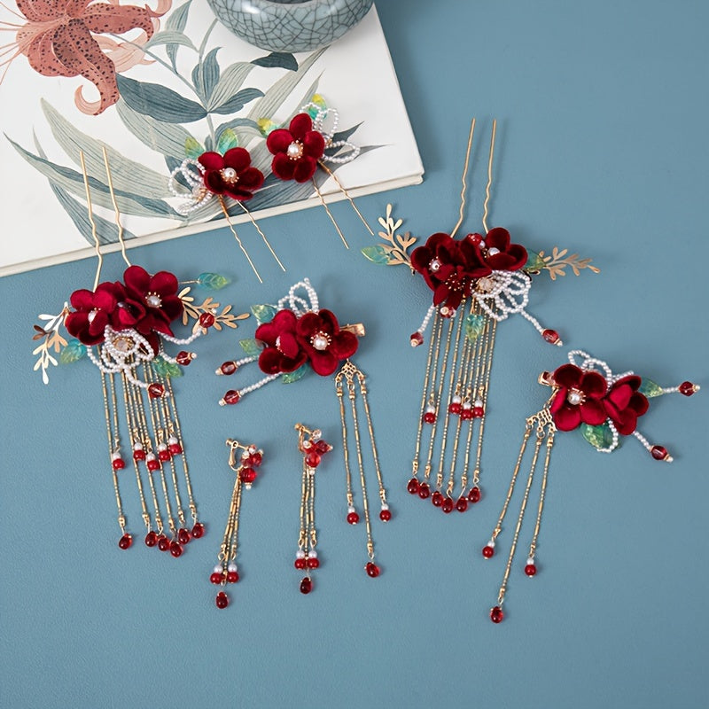 Vintage Red Velvet Flowers Beaded Hairpins - Exquisite Tassel Chinese Style Hair Clips for Women's Daily Use Hair Styling Accessories