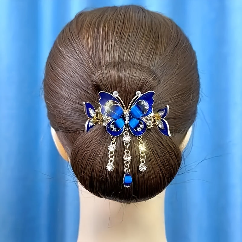 3pcs Butterfly Tassel Rhinestone Hair Clip Vintage Boho Ponytail Tie Headband, Rhinestone Backcombing Sparkling Rhinestone Hair Accessory Elegant Hairpin
