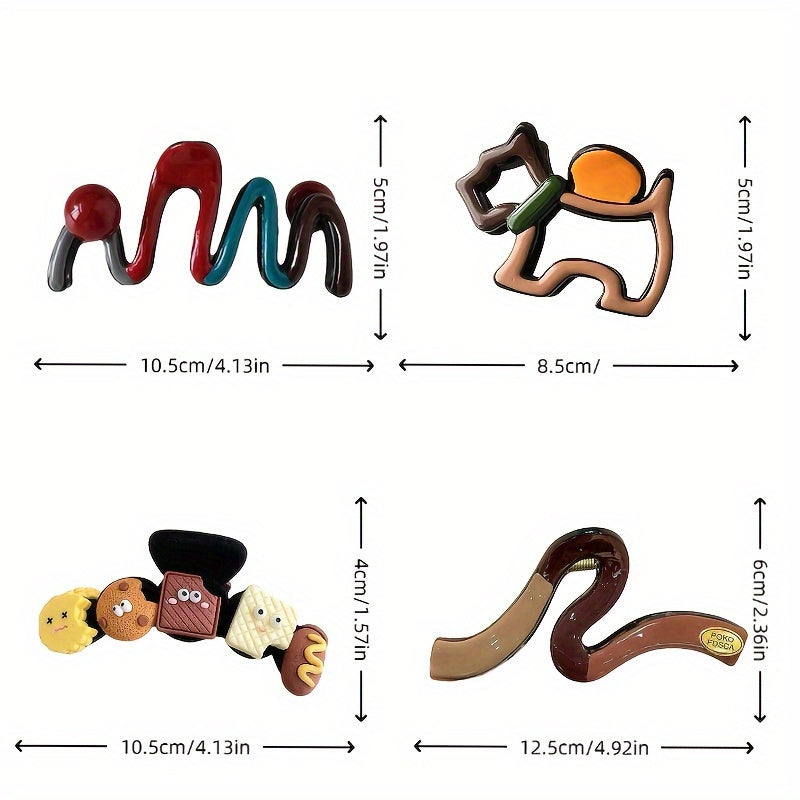 4pcs Large Volume Wave Hair Clips Set - Elegant Chunky Hairpins with Heart, Bow, Leaf & Snake Scale Patterns, Secure Shark Clip Mechanism for Thick Hair, Women's Hair Accessories for Braids, Buns, Ponytails (Multi-Color Options) - Large Size Hairpins for
