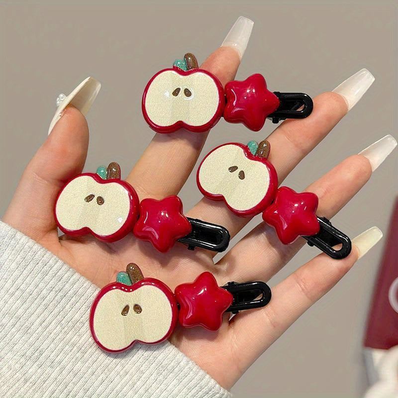 [4/10pcs Cute Hair Clip] 4/10pcs Sweet and Cute Hair Clip | Apple Pentagram Stars Hair Accessories, Side Bang Duckbill Hairpin, Woman Headdress