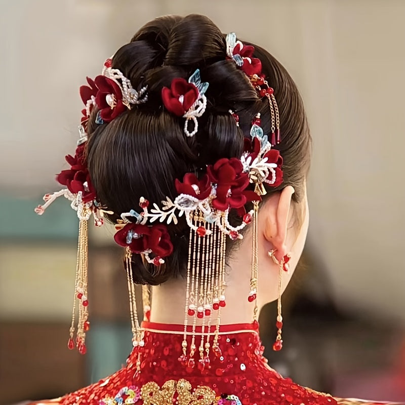 Vintage Red Velvet Flowers Beaded Hairpins - Exquisite Tassel Chinese Style Hair Clips for Women's Daily Use Hair Styling Accessories