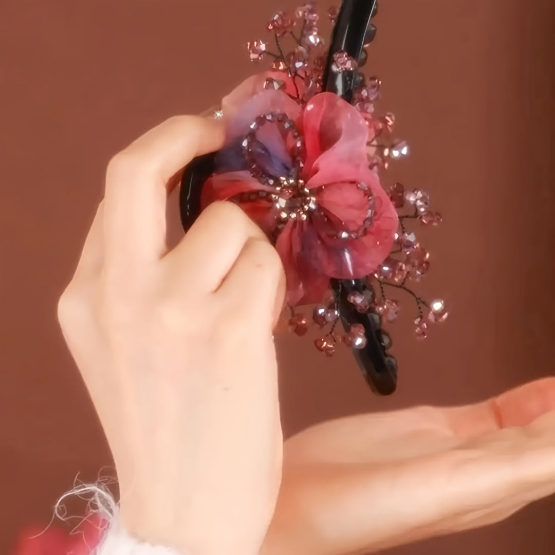 Large Elegant Hairpin with Red Flowers - Perfect Gift for Women's Day or Her - Chinese-Style
