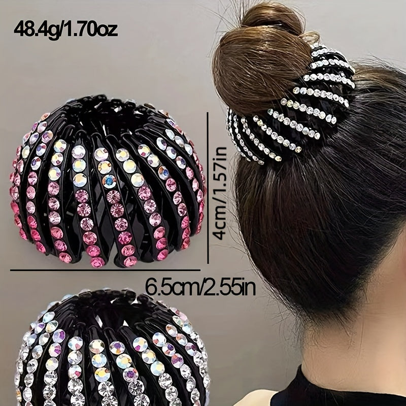 2pcs/set Random Color Rhinestone Bird'S Nest Hair Clip Bun Hairpin Women'S Rhinestone Bun Ponytail Clip Hairpin Hair Accessories