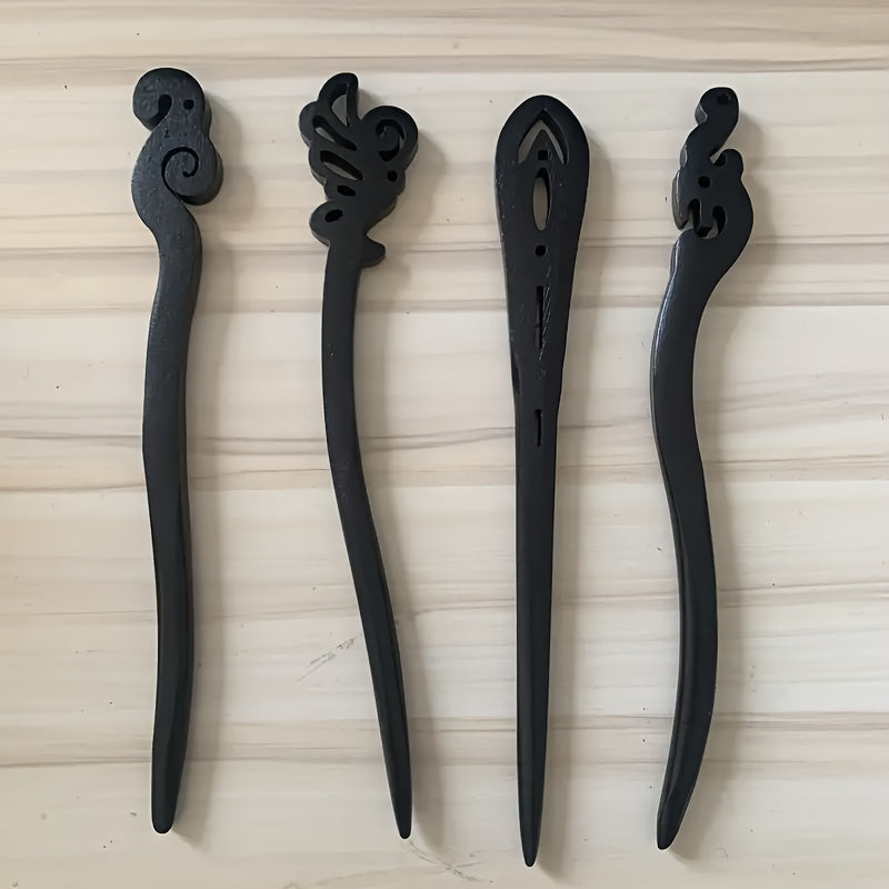 10pcs Vintage Hollow Wooden Hair Sticks, Black Chinese Hair Chopsticks, Women's Updo Hairstyle Accessories, Elegant Retro Hair Pin Set