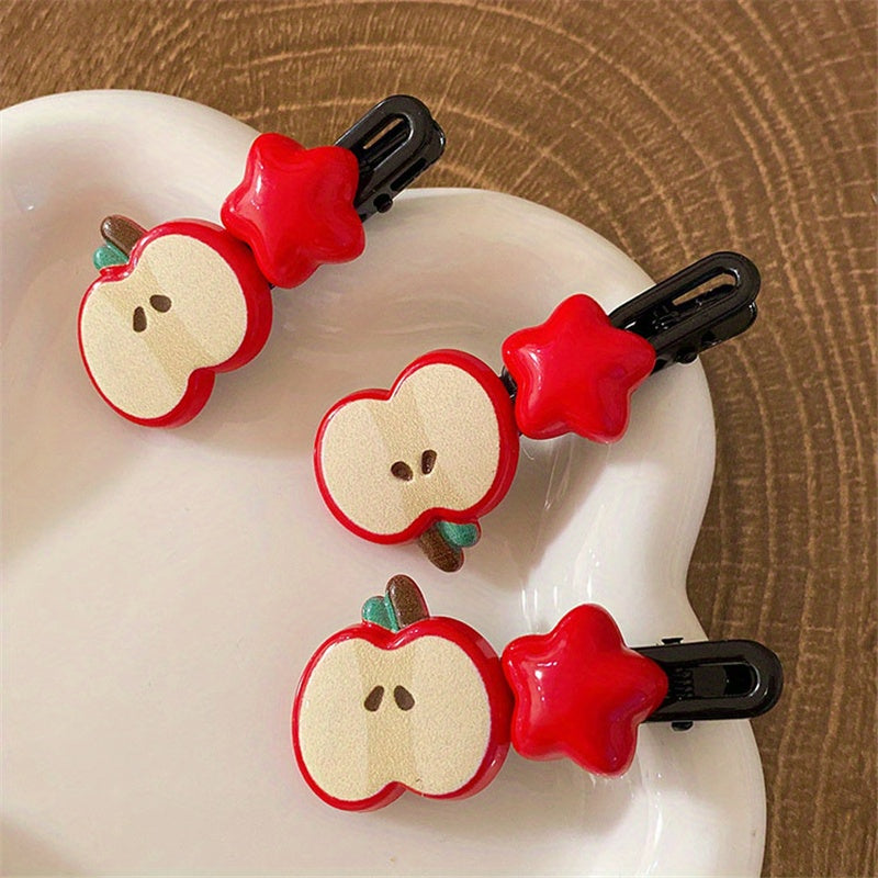 [4/10pcs Cute Hair Clip] 4/10pcs Sweet and Cute Hair Clip | Apple Pentagram Stars Hair Accessories, Side Bang Duckbill Hairpin, Woman Headdress