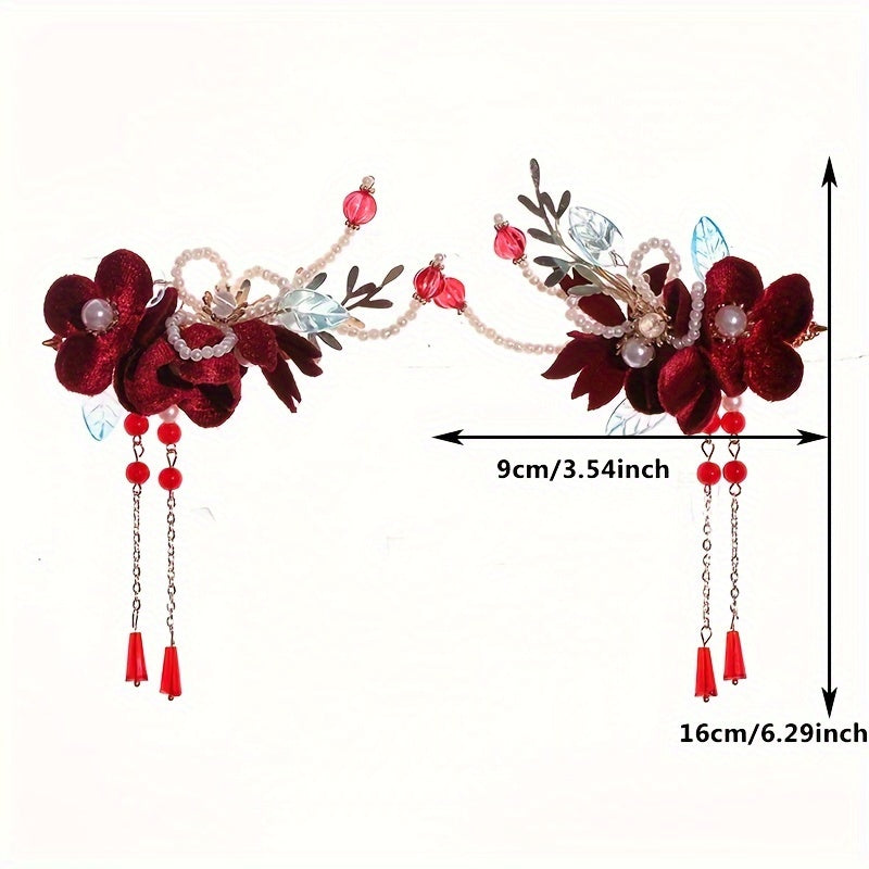 Vintage Red Velvet Flowers Beaded Hairpins - Exquisite Tassel Chinese Style Hair Clips for Women's Daily Use Hair Styling Accessories