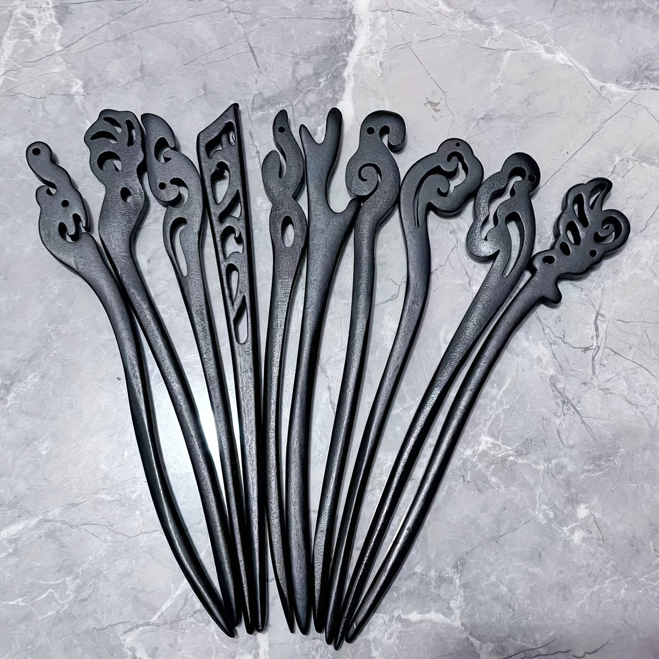 10pcs Vintage Hollow Wooden Hair Sticks, Black Chinese Hair Chopsticks, Women's Updo Hairstyle Accessories, Elegant Retro Hair Pin Set