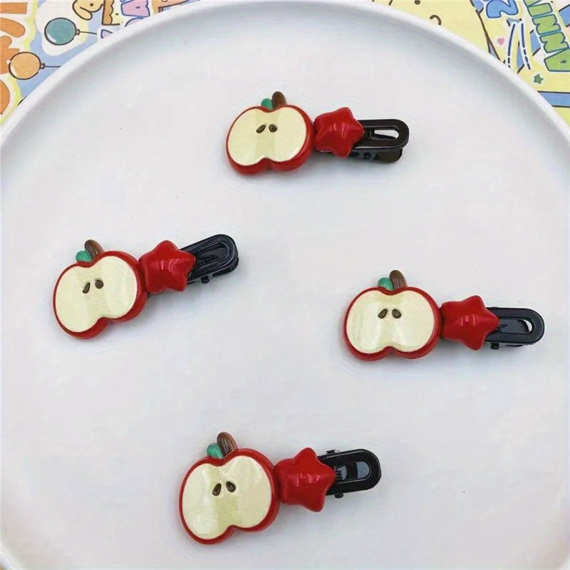 [4/10pcs Cute Hair Clip] 4/10pcs Sweet and Cute Hair Clip | Apple Pentagram Stars Hair Accessories, Side Bang Duckbill Hairpin, Woman Headdress