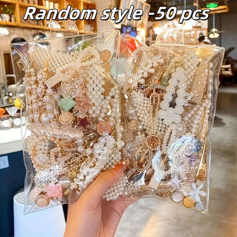 Set of 50 Elegant Pearl Bow Hair Clips, French-Style Hair Accessories, Exquisite Korean-Style Side Tassel Clips, Plastic Duckbill Clips, Fashionable Accessories (Styles May Vary).