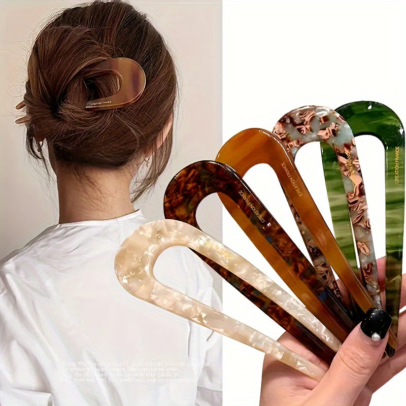 3pcs, Vintage Style Women's Retro Acetate Fiber U-Shaped Hair Fork Pins Barrettes For Normal & Curly Hair - 5 Colors