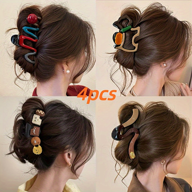 4pcs Large Volume Wave Hair Clips Set - Elegant Chunky Hairpins with Heart, Bow, Leaf & Snake Scale Patterns, Secure Shark Clip Mechanism for Thick Hair, Women's Hair Accessories for Braids, Buns, Ponytails (Multi-Color Options) - Large Size Hairpins for