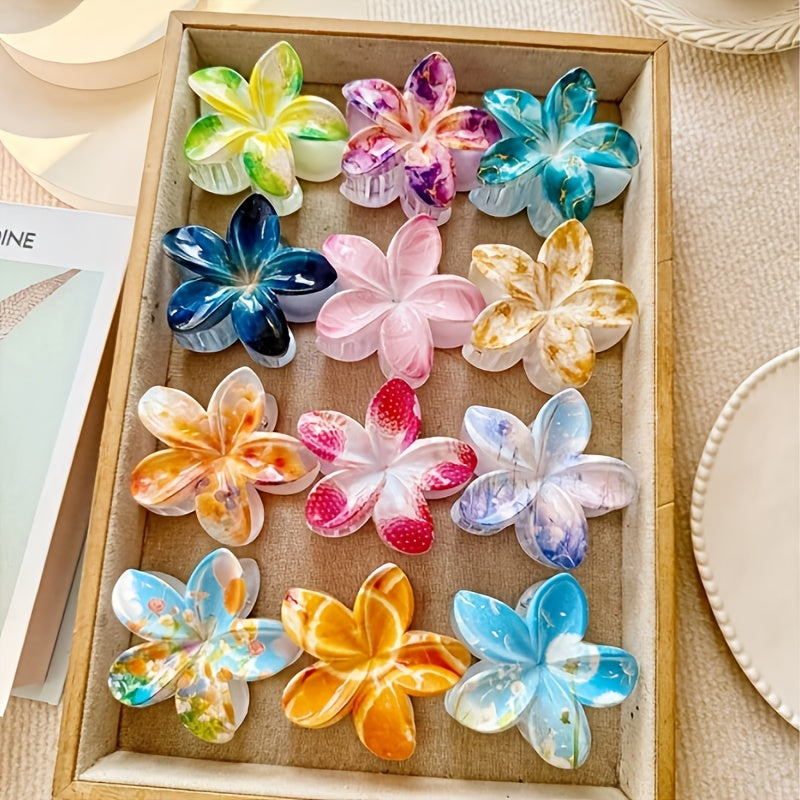 12pcs Elegant Floral Hair Clips for Women - Marbled Pastel Flower Hairpins, Secure Grip Plastic Hair Accessories for Valentine’s Day Gifts, Casual & Formal Events (14+)