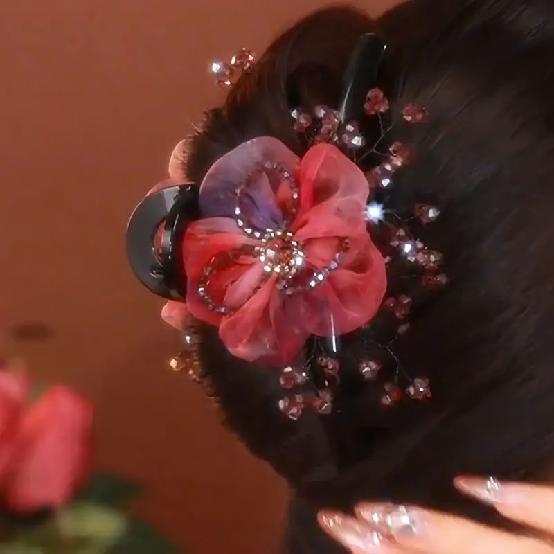 Large Elegant Hairpin with Red Flowers - Perfect Gift for Women's Day or Her - Chinese-Style