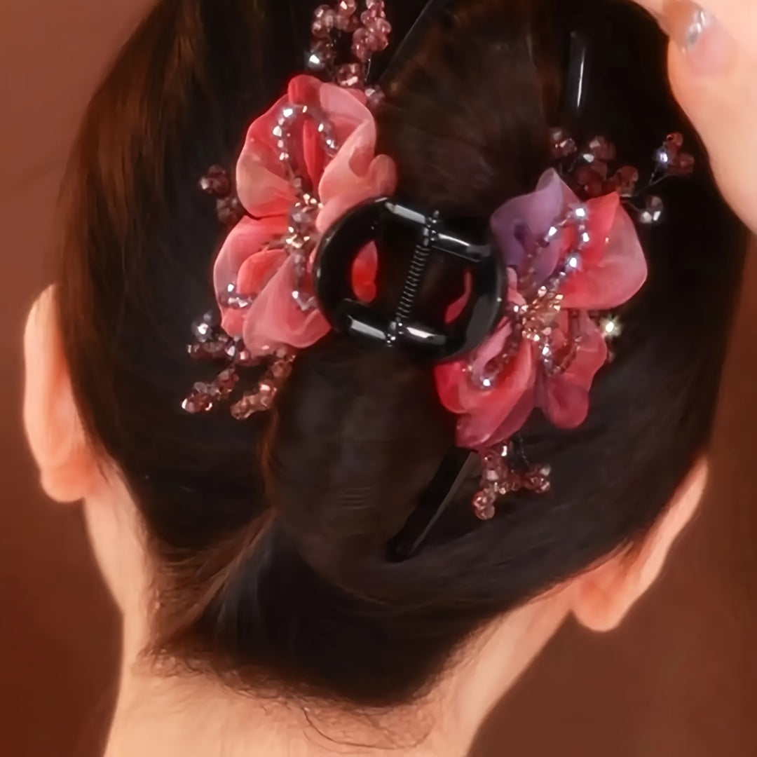 Large Elegant Hairpin with Red Flowers - Perfect Gift for Women's Day or Her - Chinese-Style