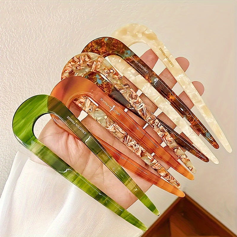 3pcs, Vintage Style Women's Retro Acetate Fiber U-Shaped Hair Fork Pins Barrettes For Normal & Curly Hair - 5 Colors