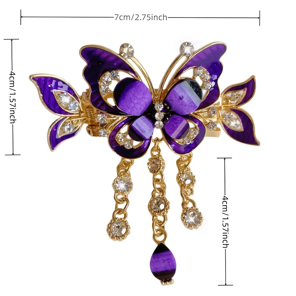 3pcs Butterfly Tassel Rhinestone Hair Clip Vintage Boho Ponytail Tie Headband, Rhinestone Backcombing Sparkling Rhinestone Hair Accessory Elegant Hairpin