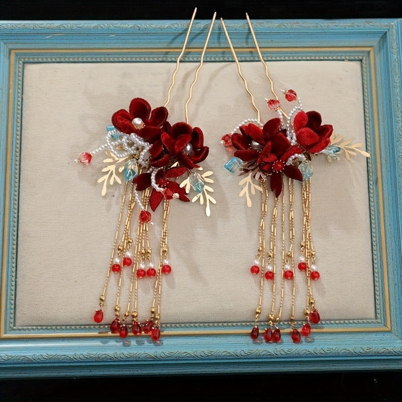 Vintage Red Velvet Flowers Beaded Hairpins - Exquisite Tassel Chinese Style Hair Clips for Women's Daily Use Hair Styling Accessories