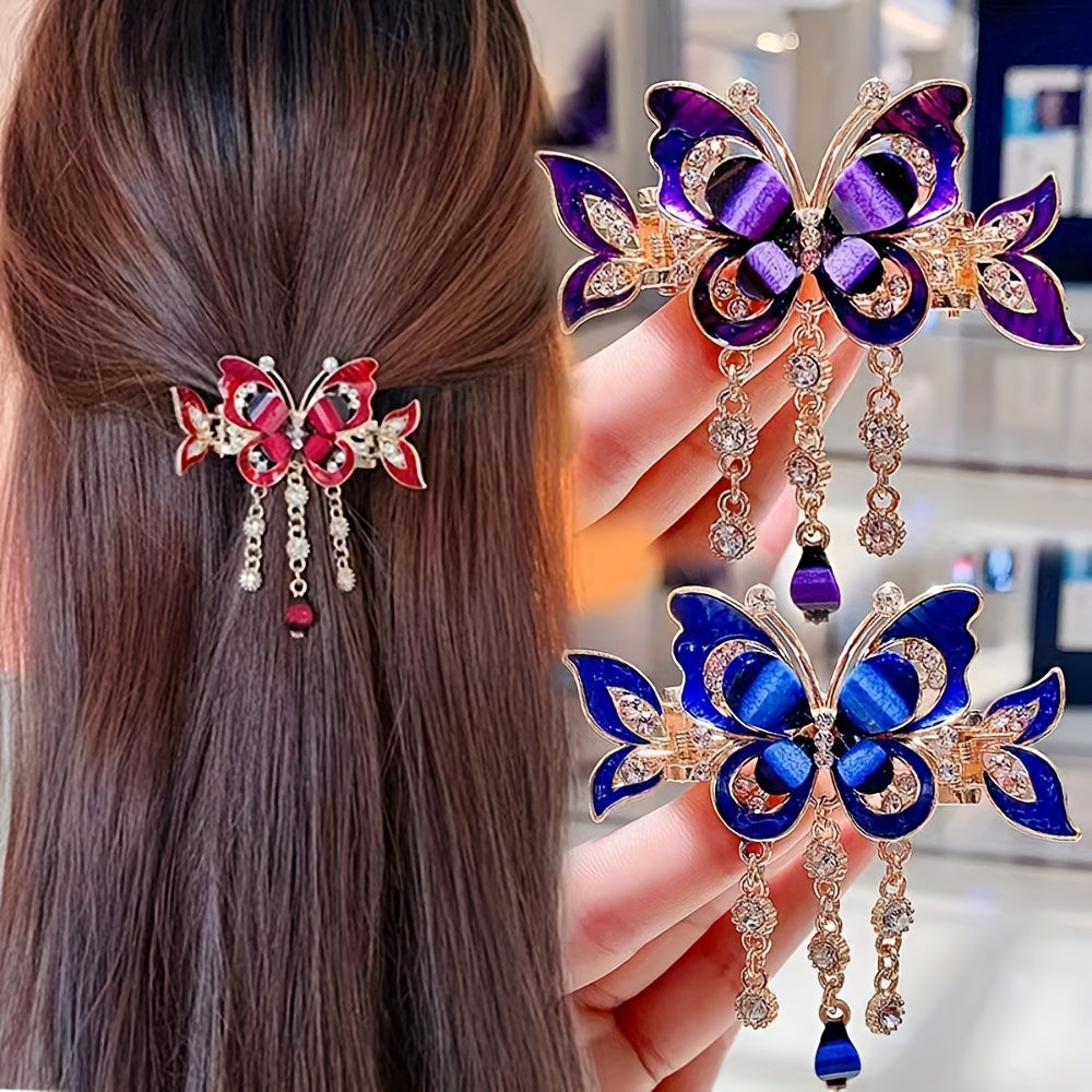 3pcs Butterfly Tassel Rhinestone Hair Clip Vintage Boho Ponytail Tie Headband, Rhinestone Backcombing Sparkling Rhinestone Hair Accessory Elegant Hairpin