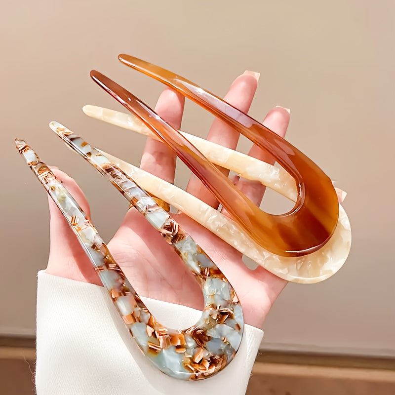 3pcs, Vintage Style Women's Retro Acetate Fiber U-Shaped Hair Fork Pins Barrettes For Normal & Curly Hair - 5 Colors
