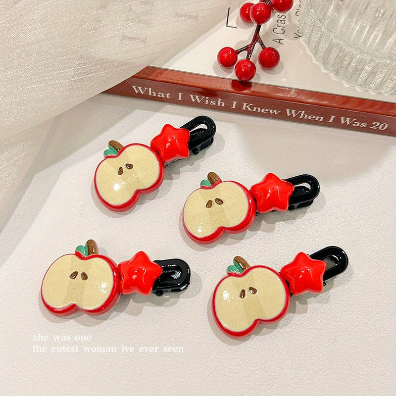 [4/10pcs Cute Hair Clip] 4/10pcs Sweet and Cute Hair Clip | Apple Pentagram Stars Hair Accessories, Side Bang Duckbill Hairpin, Woman Headdress