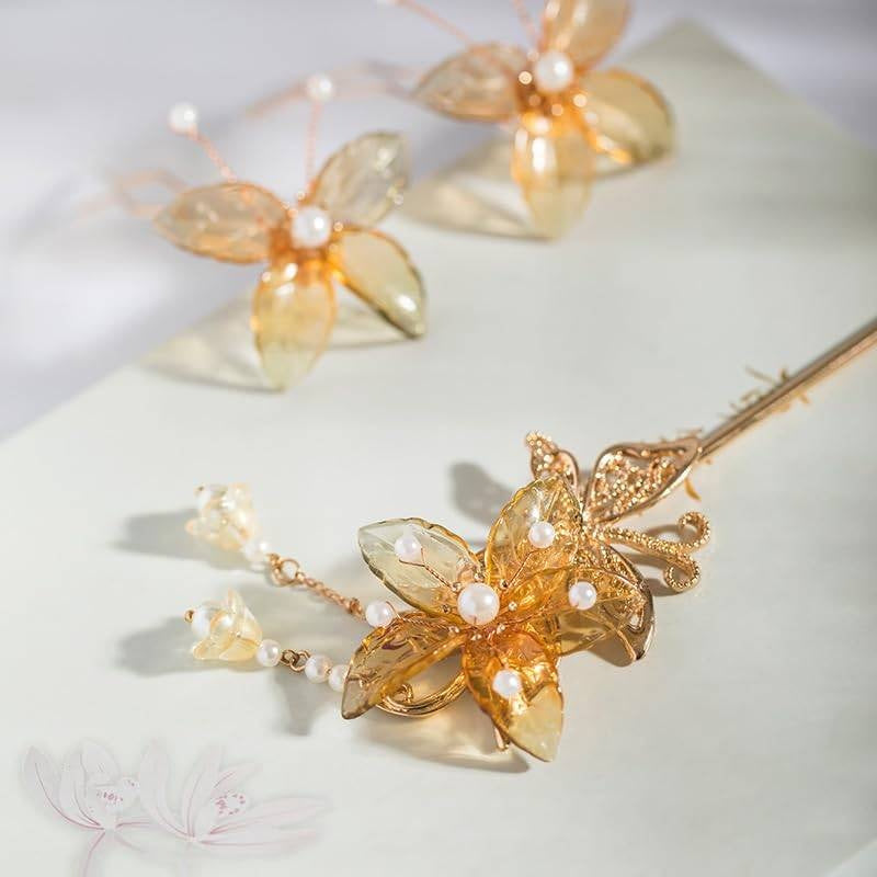 1pc Handmade Resin Golden Autumn Leaves Hairpin - Hanfu Style Retro Flower Hair Clip with 4-Section Leaf Design, -like Beads & Delicate Branches for Women's Long Hair Accessories, Vintage Hairpin for Cosplay, Weddings, Themed Events (Durable & Elegant),