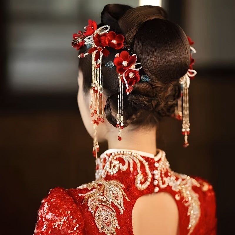 Vintage Red Velvet Flowers Beaded Hairpins - Exquisite Tassel Chinese Style Hair Clips for Women's Daily Use Hair Styling Accessories