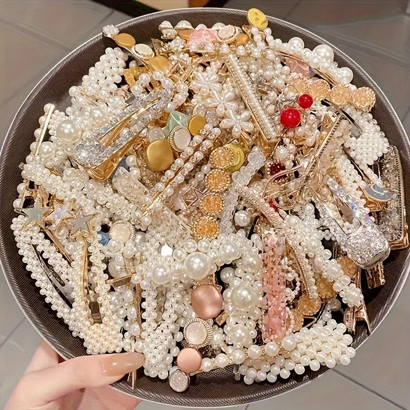 [20pcs Pearl Hair Clip] 20pcs Elegant Pearl Bow Tie Hair Clip Set | French Temperament Hair Clip, Exquisite Korean Style Side Tassel Hair Clip, Plastic Duckbill Clip, Fashion Accessories Style Random
