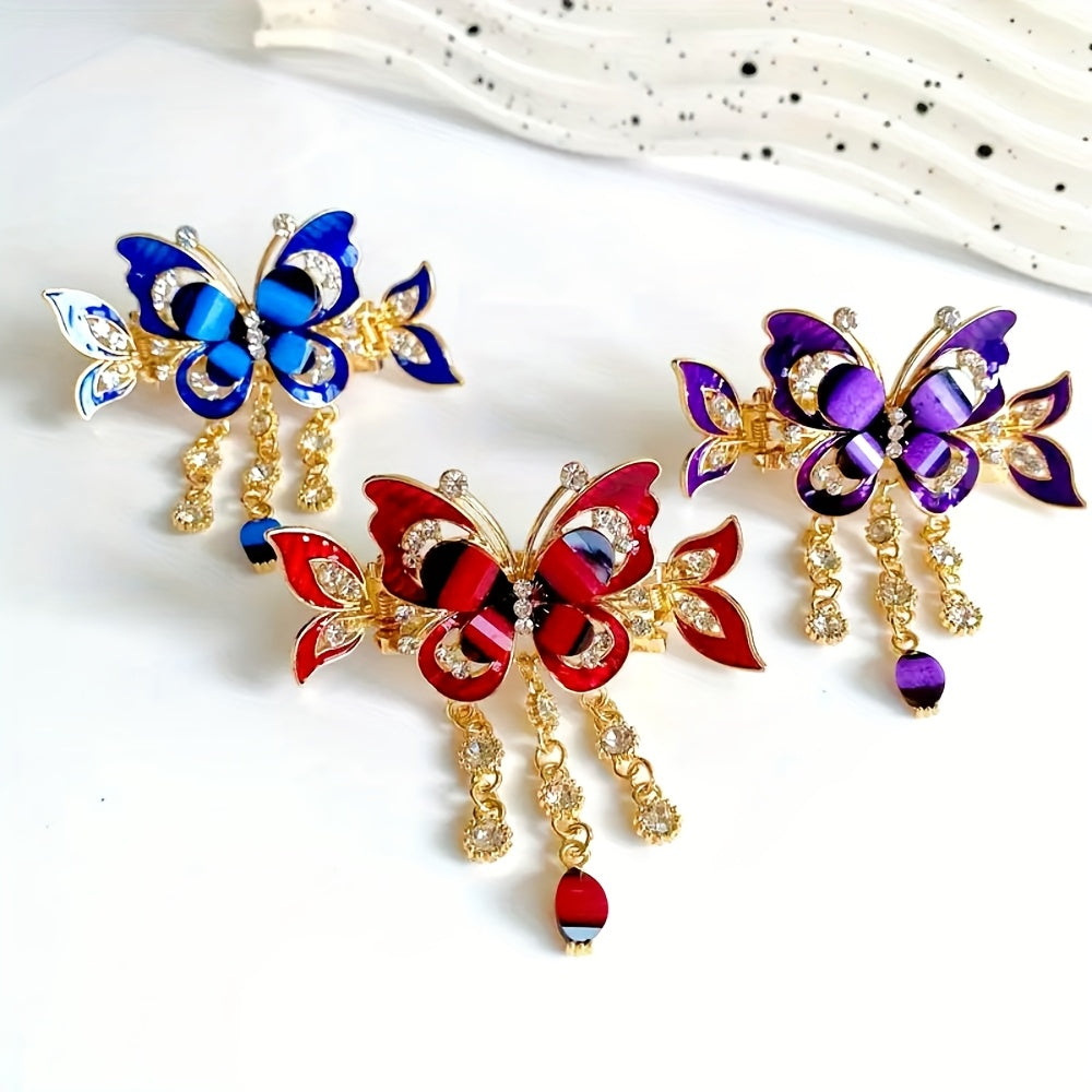 3pcs Butterfly Tassel Rhinestone Hair Clip Vintage Boho Ponytail Tie Headband, Rhinestone Backcombing Sparkling Rhinestone Hair Accessory Elegant Hairpin