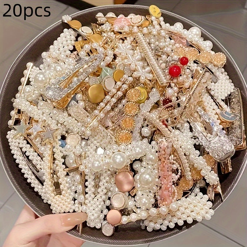 [20pcs Pearl Hair Clip] 20pcs Elegant Pearl Bow Tie Hair Clip Set | French Temperament Hair Clip, Exquisite Korean Style Side Tassel Hair Clip, Plastic Duckbill Clip, Fashion Accessories Style Random