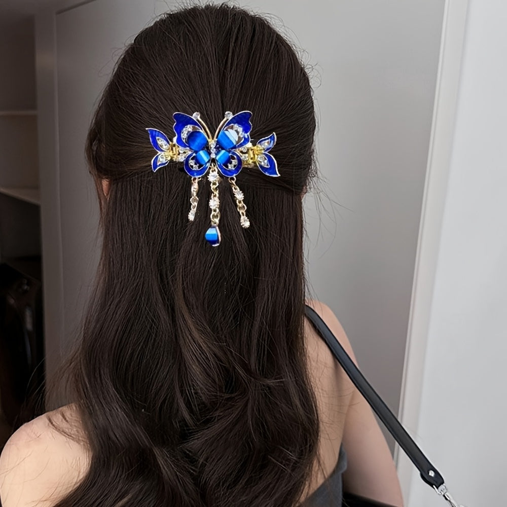 3pcs Butterfly Tassel Rhinestone Hair Clip Vintage Boho Ponytail Tie Headband, Rhinestone Backcombing Sparkling Rhinestone Hair Accessory Elegant Hairpin