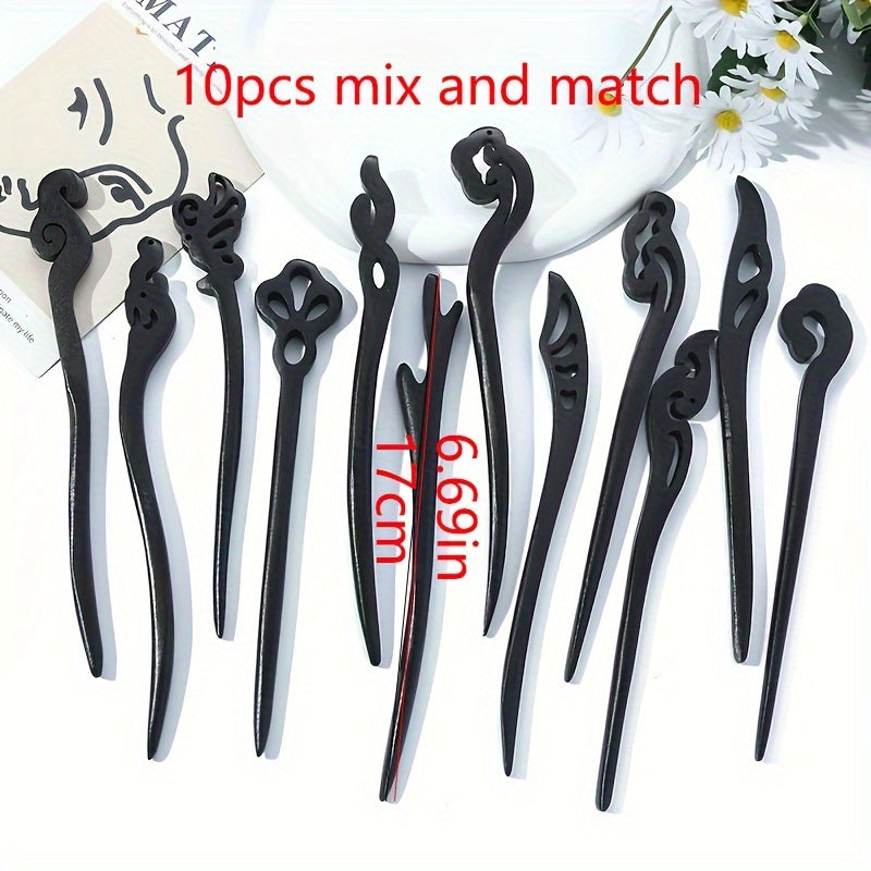 10pcs Vintage Hollow Wooden Hair Sticks, Black Chinese Hair Chopsticks, Women's Updo Hairstyle Accessories, Elegant Retro Hair Pin Set