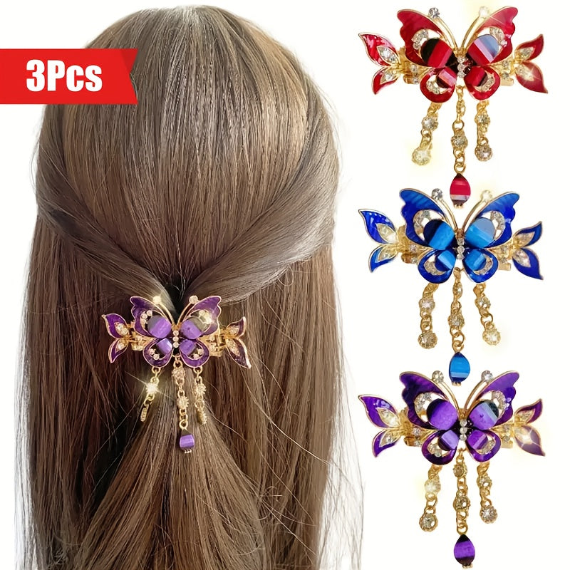 3pcs Butterfly Tassel Rhinestone Hair Clip Vintage Boho Ponytail Tie Headband, Rhinestone Backcombing Sparkling Rhinestone Hair Accessory Elegant Hairpin