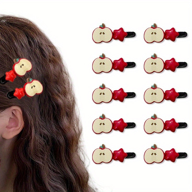 [4/10pcs Cute Hair Clip] 4/10pcs Sweet and Cute Hair Clip | Apple Pentagram Stars Hair Accessories, Side Bang Duckbill Hairpin, Woman Headdress