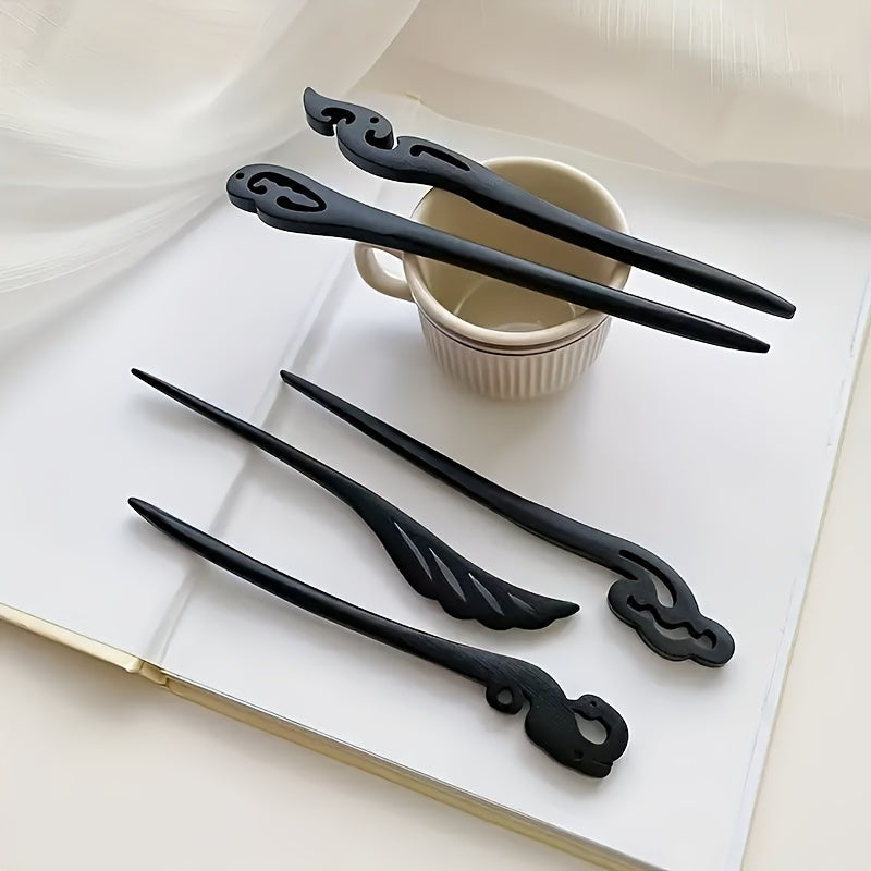10pcs Vintage Hollow Wooden Hair Sticks, Black Chinese Hair Chopsticks, Women's Updo Hairstyle Accessories, Elegant Retro Hair Pin Set