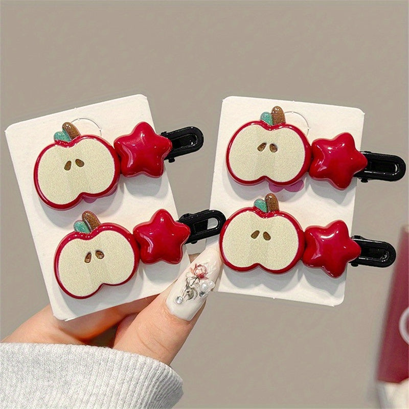 [4/10pcs Cute Hair Clip] 4/10pcs Sweet and Cute Hair Clip | Apple Pentagram Stars Hair Accessories, Side Bang Duckbill Hairpin, Woman Headdress