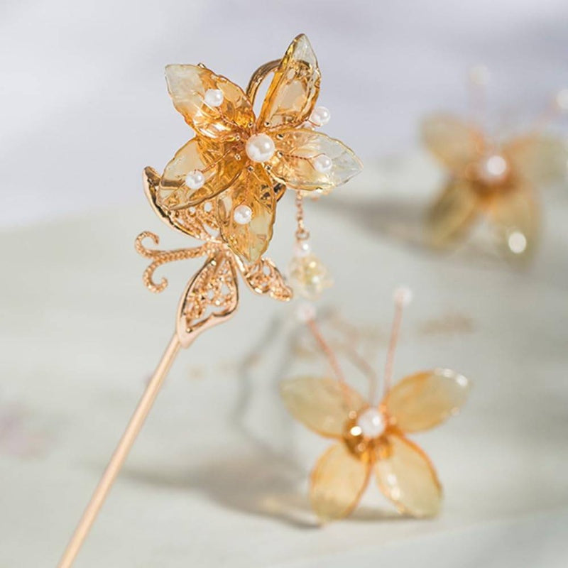 1pc Handmade Resin Golden Autumn Leaves Hairpin - Hanfu Style Retro Flower Hair Clip with 4-Section Leaf Design, -like Beads & Delicate Branches for Women's Long Hair Accessories, Vintage Hairpin for Cosplay, Weddings, Themed Events (Durable & Elegant),
