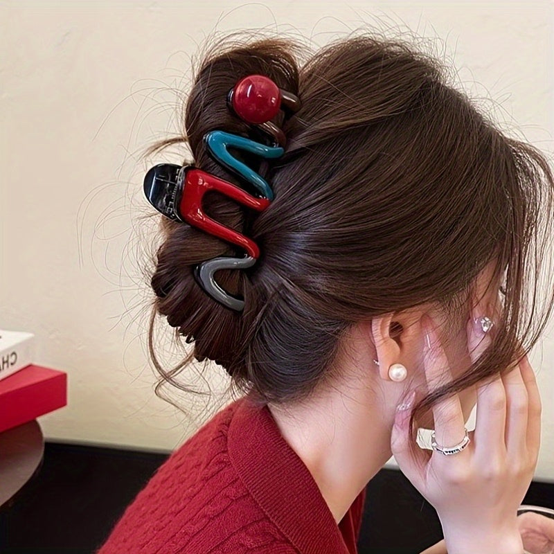 4pcs Large Volume Wave Hair Clips Set - Elegant Chunky Hairpins with Heart, Bow, Leaf & Snake Scale Patterns, Secure Shark Clip Mechanism for Thick Hair, Women's Hair Accessories for Braids, Buns, Ponytails (Multi-Color Options) - Large Size Hairpins for