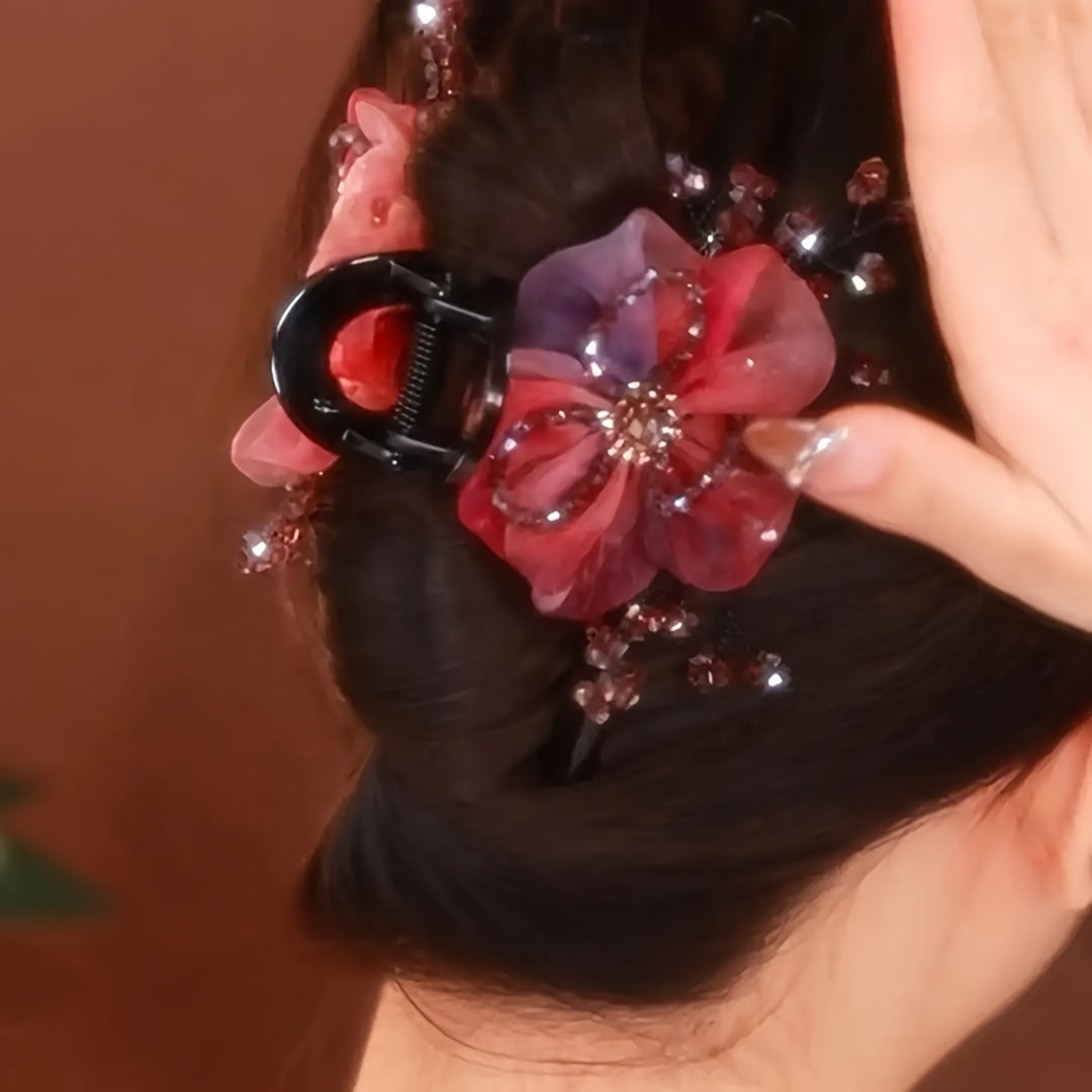Large Elegant Hairpin with Red Flowers - Perfect Gift for Women's Day or Her - Chinese-Style