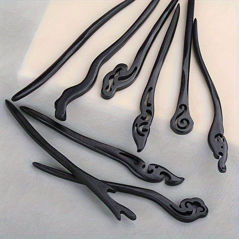 10pcs Vintage Hollow Wooden Hair Sticks, Black Chinese Hair Chopsticks, Women's Updo Hairstyle Accessories, Elegant Retro Hair Pin Set
